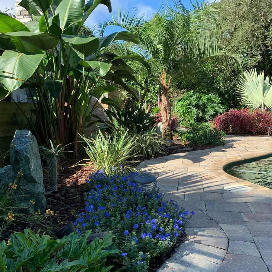 Lush tropical Florida poolside landscape with vibrant greenery, blooming blue flowers, palm trees, and a curved stone pathway for a serene outdoor retreat