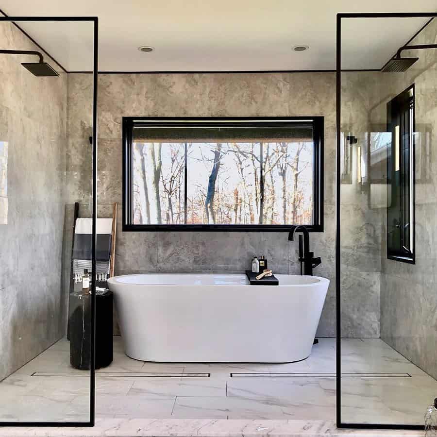 Modern Bathroom With Ceramic Tiles And Black Framed Window