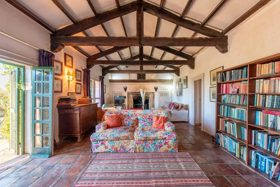 Comfortable living room with colorful couch and bookshelves