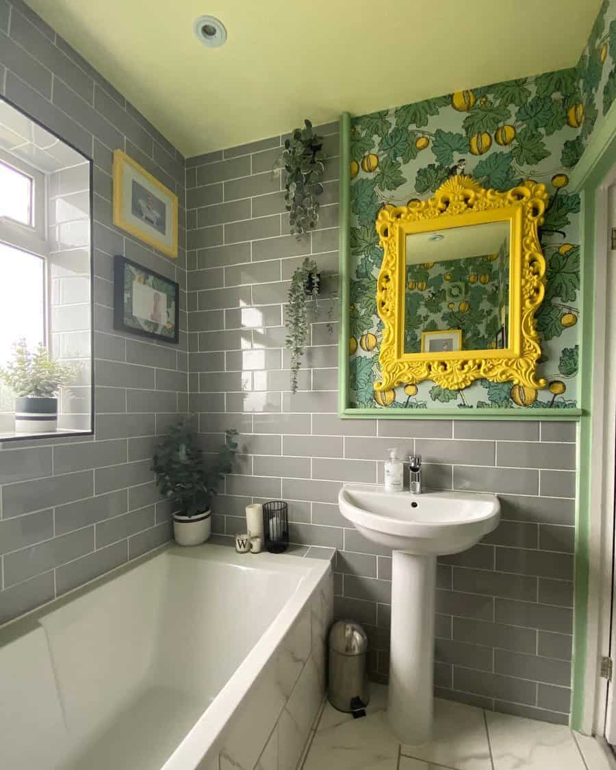 yellow statement mirror in bathroom