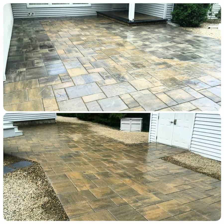 Two views of a wet variegated stone patio after rain