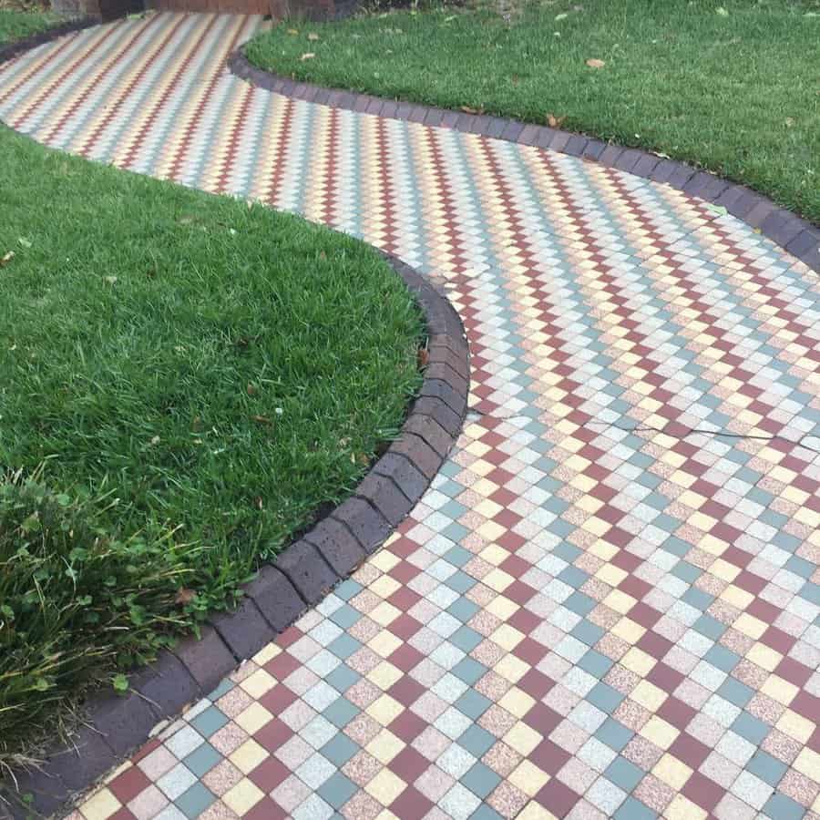 multi-colored tiled garden path