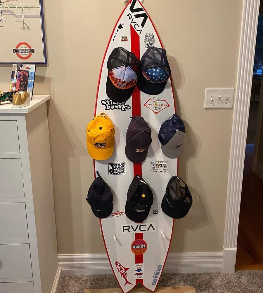 Surfboard hat rack ideas