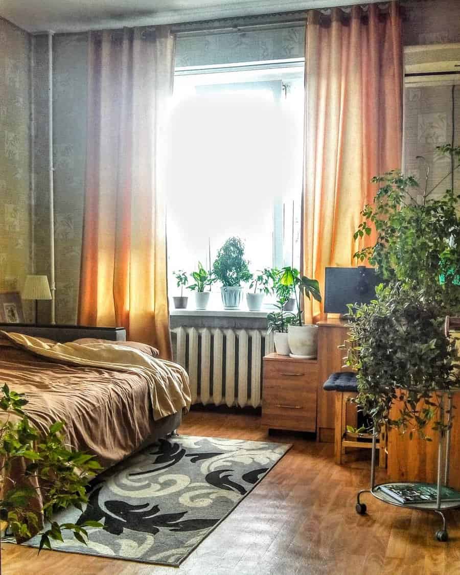 Jungle bedroom with a bed, plants, and a small desk by a window with light peach curtains; bright sunlight streams in, illuminating the room