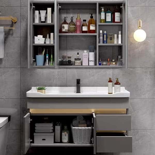 Silver and gold metal bathroom cabinet