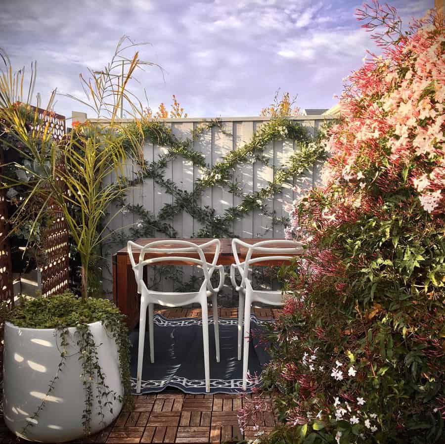 Rooftop patio with potted plants, white chairs, a small table, and a decorative trellis against a metal fence under a clear sky