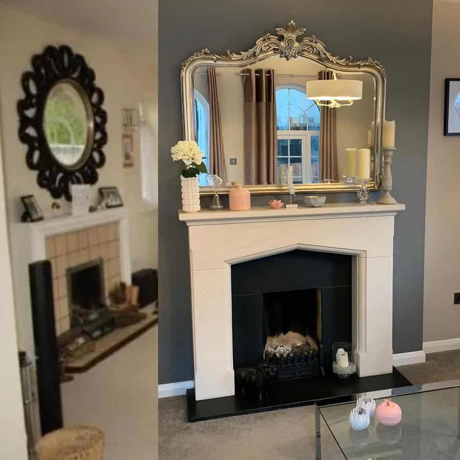 A classic Victorian fireplace with an elegant ornate mirror above, surrounded by minimalist decor and soft neutral tones, creating a sophisticated and cozy living space