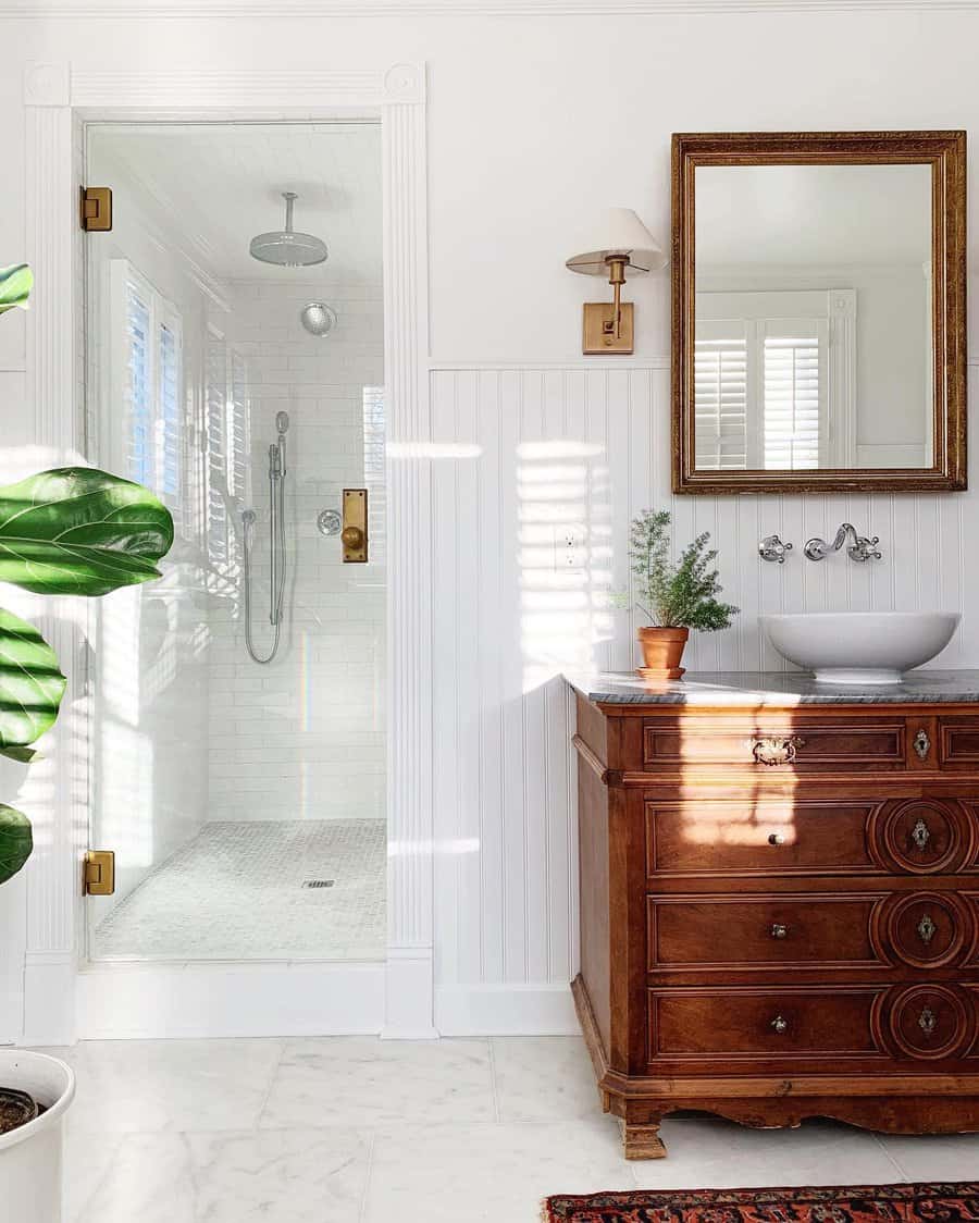 Classic bathroom with vintage vanity and walk in shower