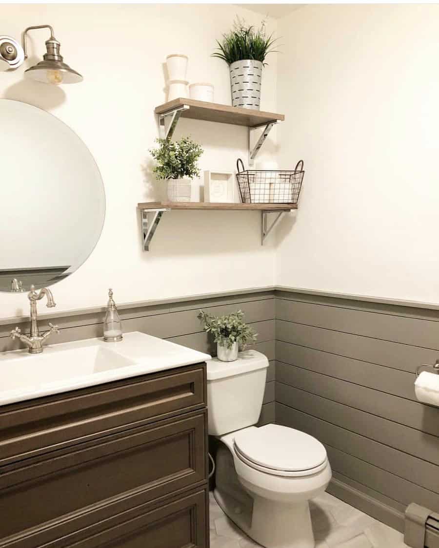 Chic bathroom with grey shiplap wainscoting and open shelving