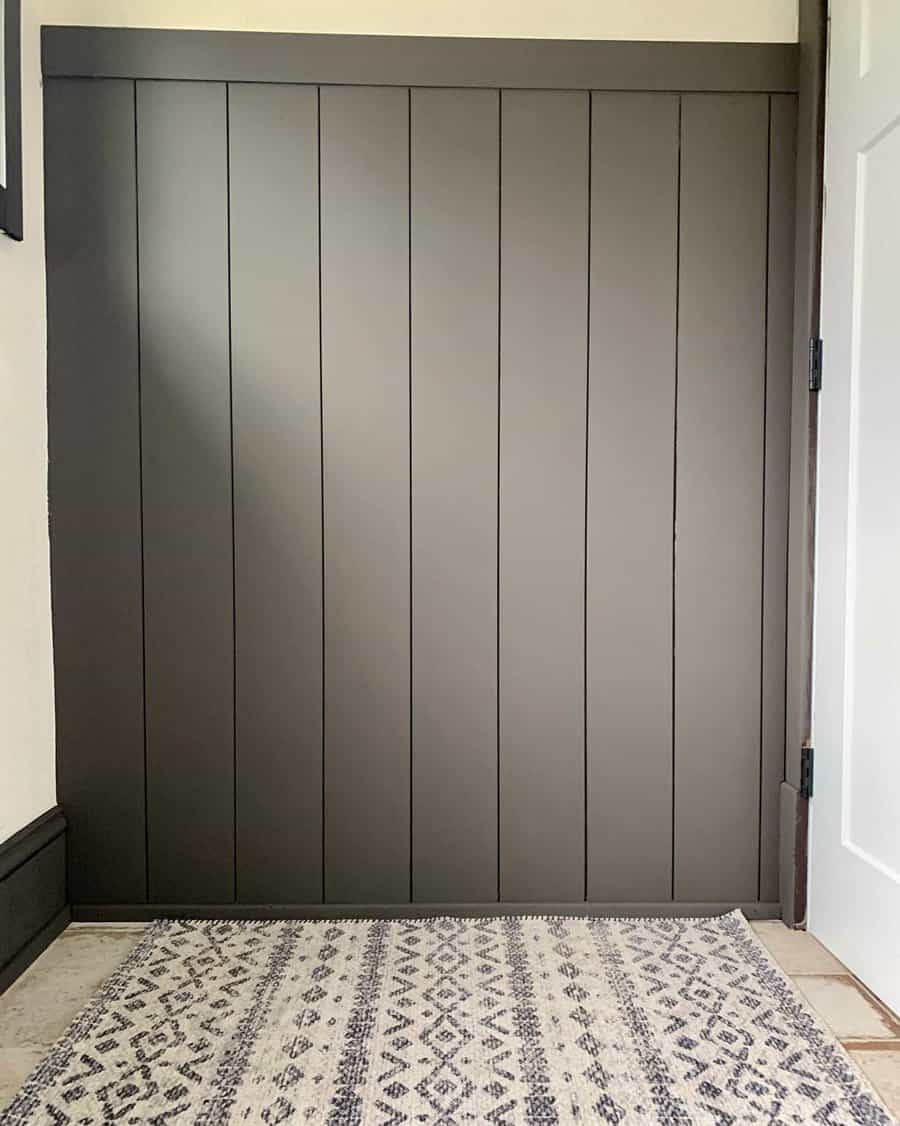 Dark grey shiplap accent wall with patterned floor rug