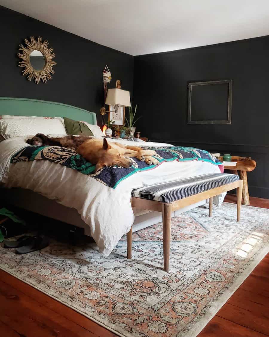 A cozy master bedroom with a dog sleeping on a bed, featuring dark walls, a decorative mirror, and a patterned rug beneath a wooden bench