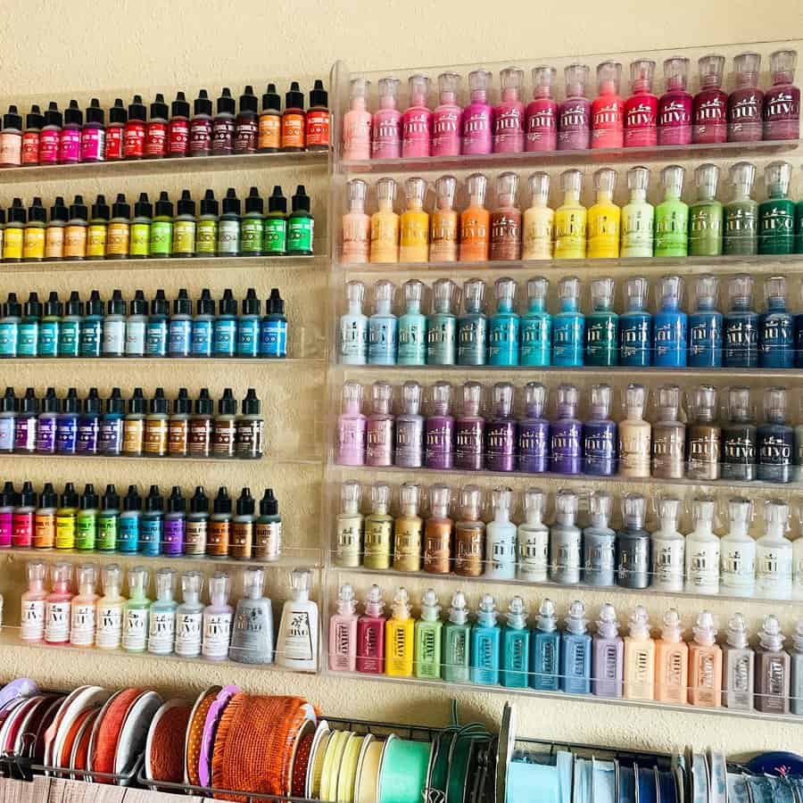 Wall mounted craft paint storage in rainbow order