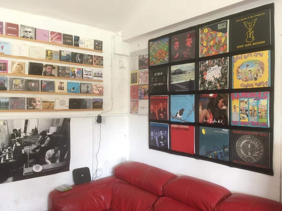 Vinyl records on wall