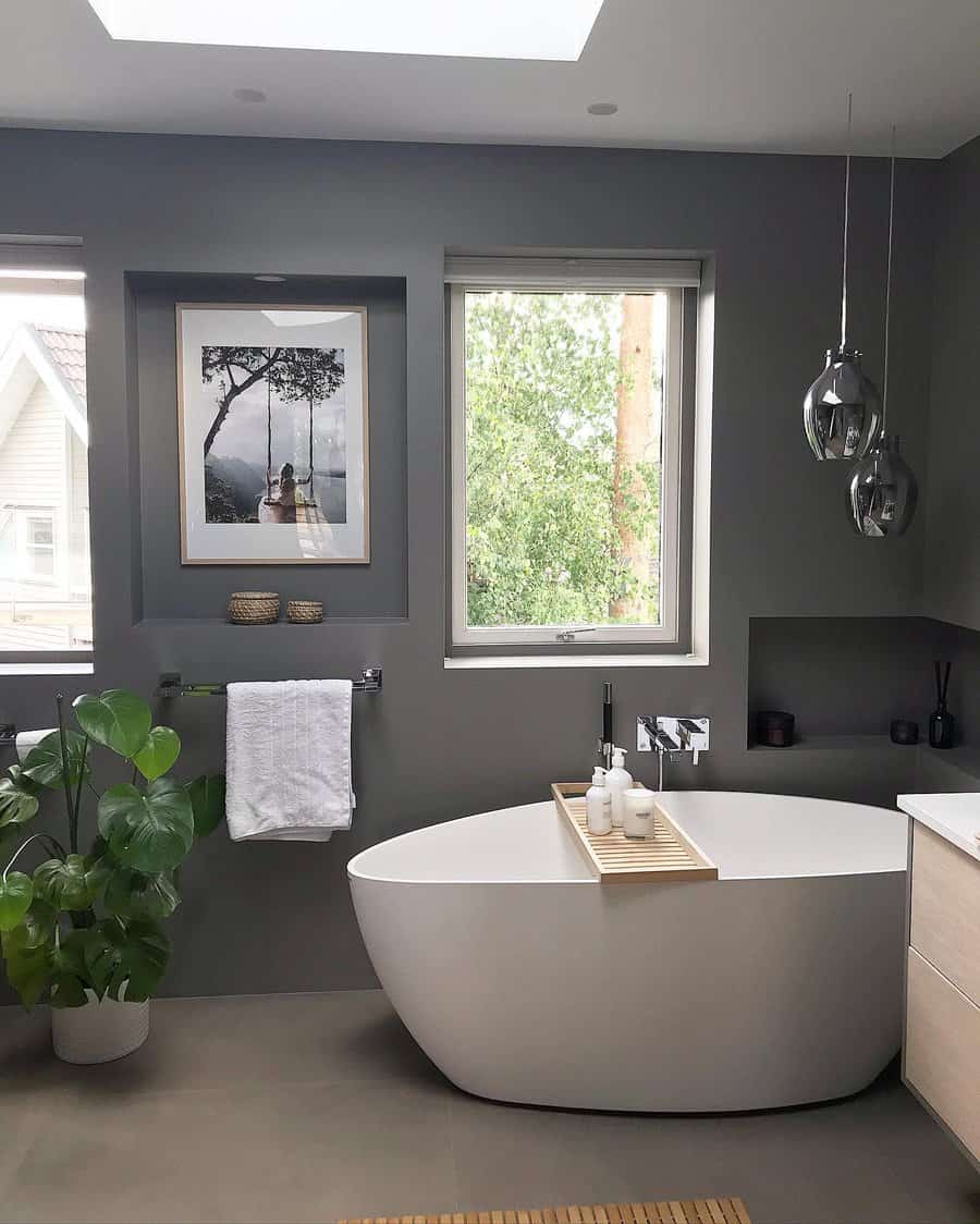 grey bathroom with pendant lighting
