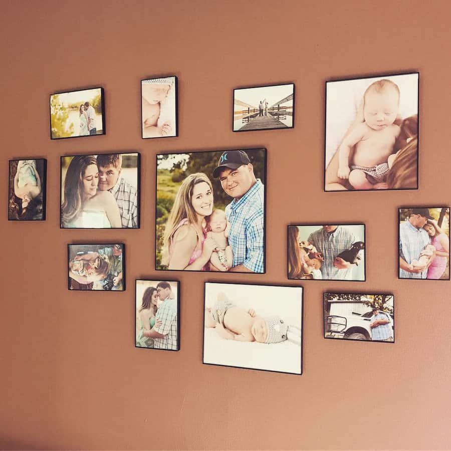 A collage of family photos on a brown wall, featuring a couple and a baby in various settings