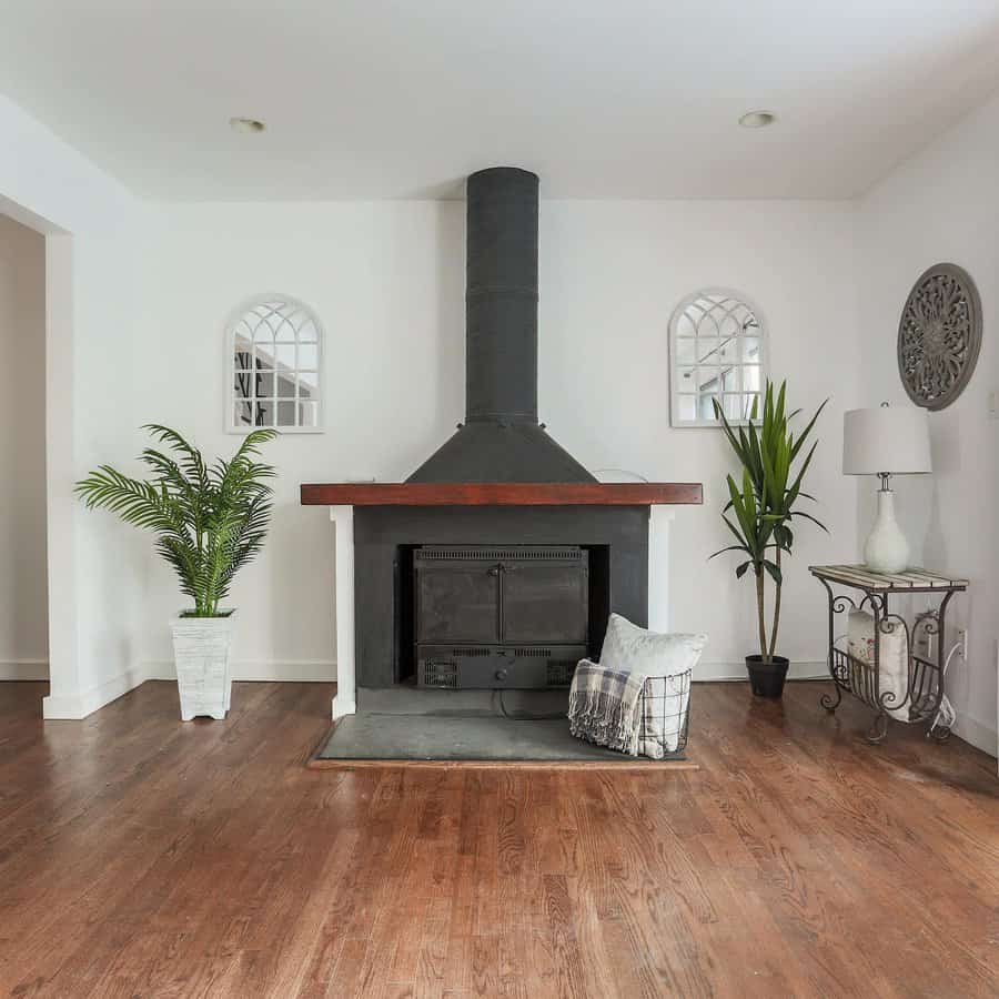 Minimalist wood stove with a bold black chimney, set in a bright living space with hardwood floors, neutral decor, and lush green plants.