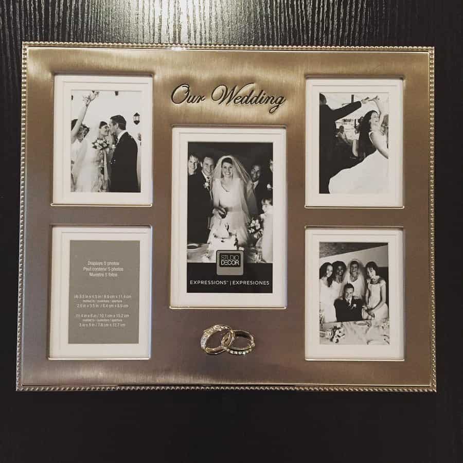 Collage frame with six black-and-white wedding photos and decorative rings, titled "Our Wedding" at the top