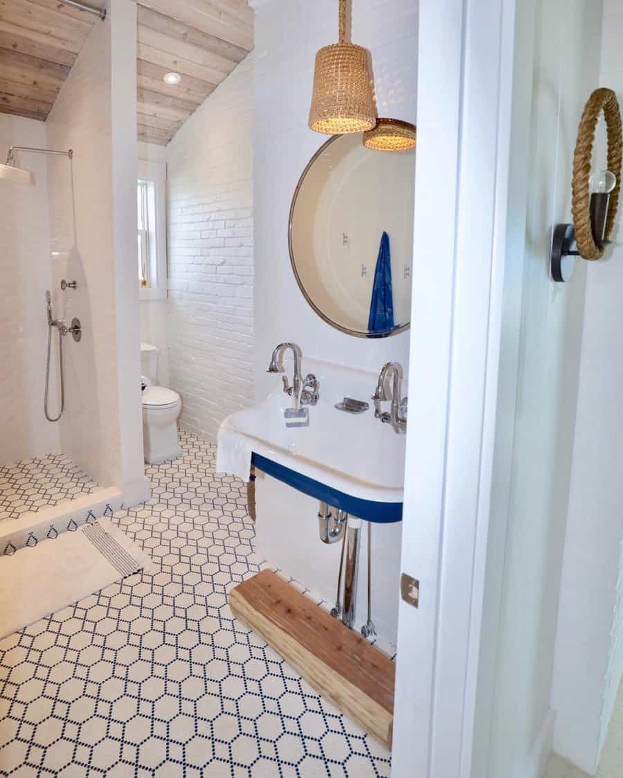 white beach bathroom with wood, wicker, and rope elements