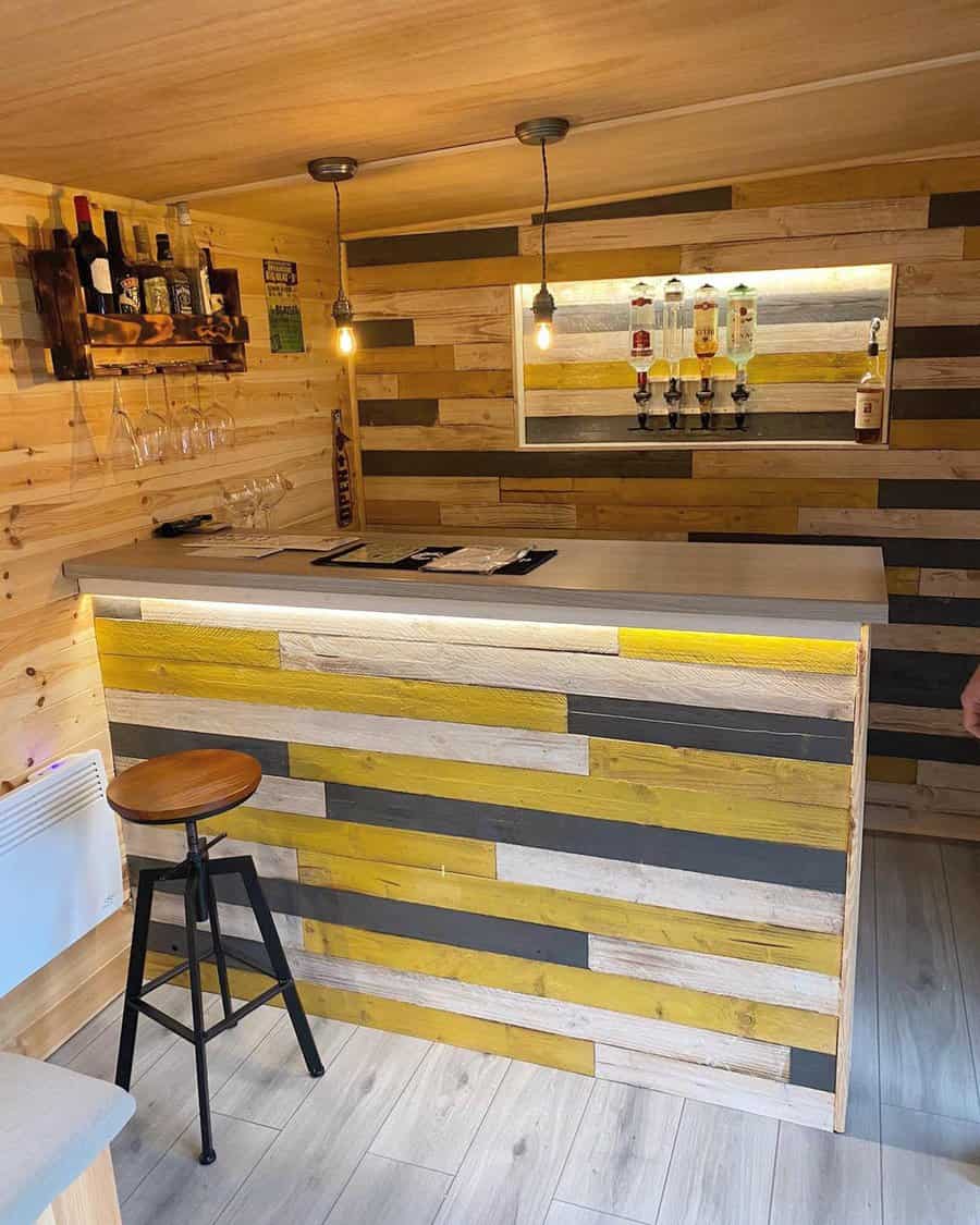 Wooden bar in rustic cabin with counter