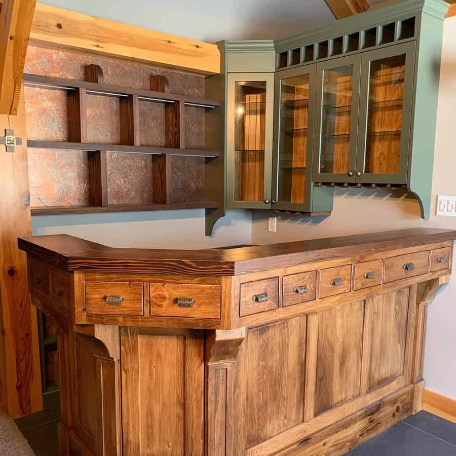 A sleek bar area and ample storage cabinets