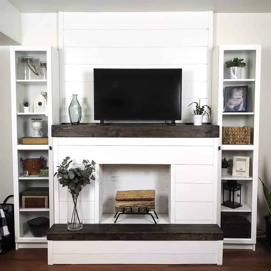 fireplace with shiplap walls