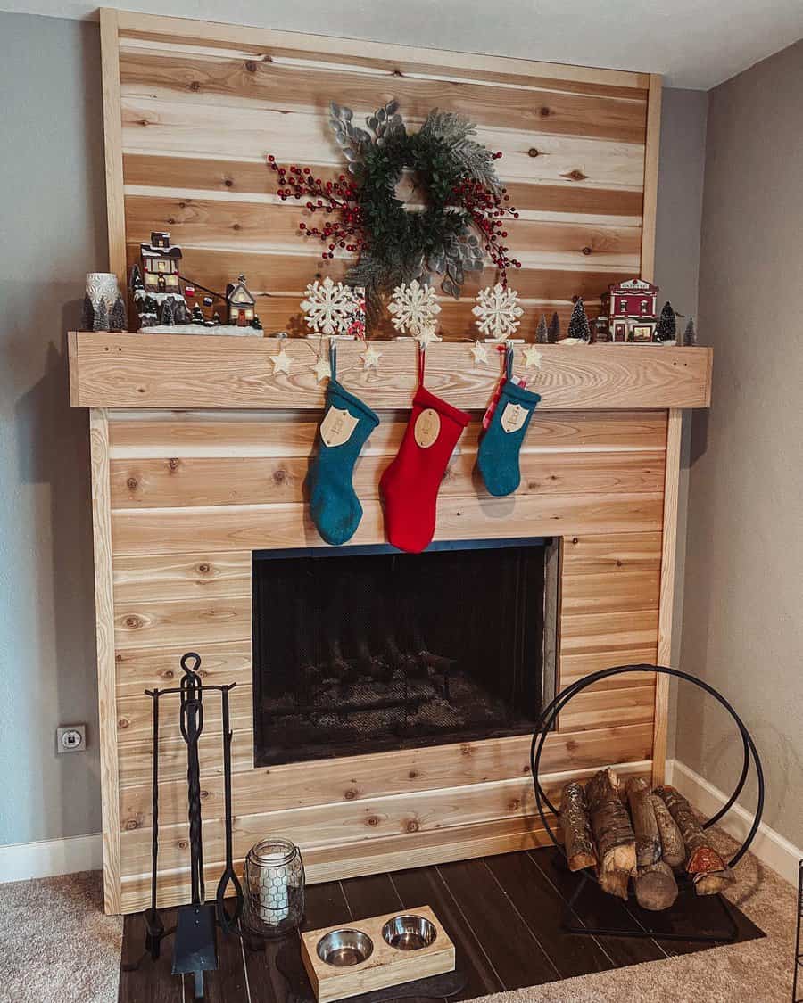 Distressed wood fireplace wall