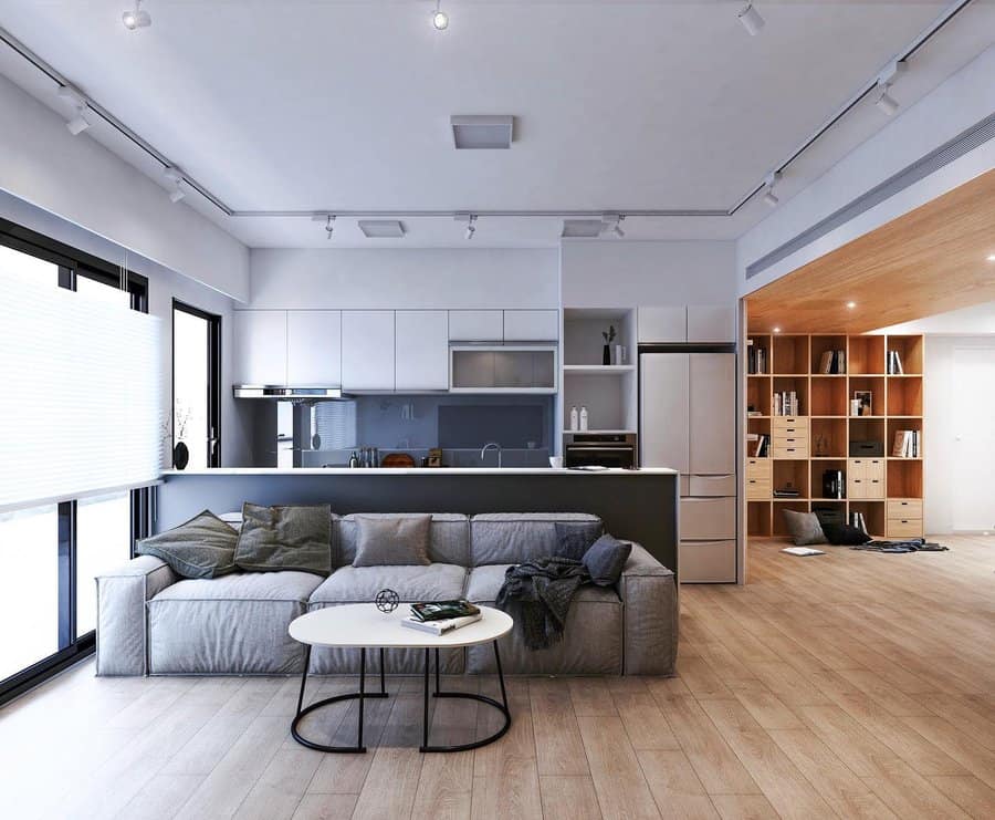 Modern apartment living room with a gray sofa, round coffee table, and open kitchen