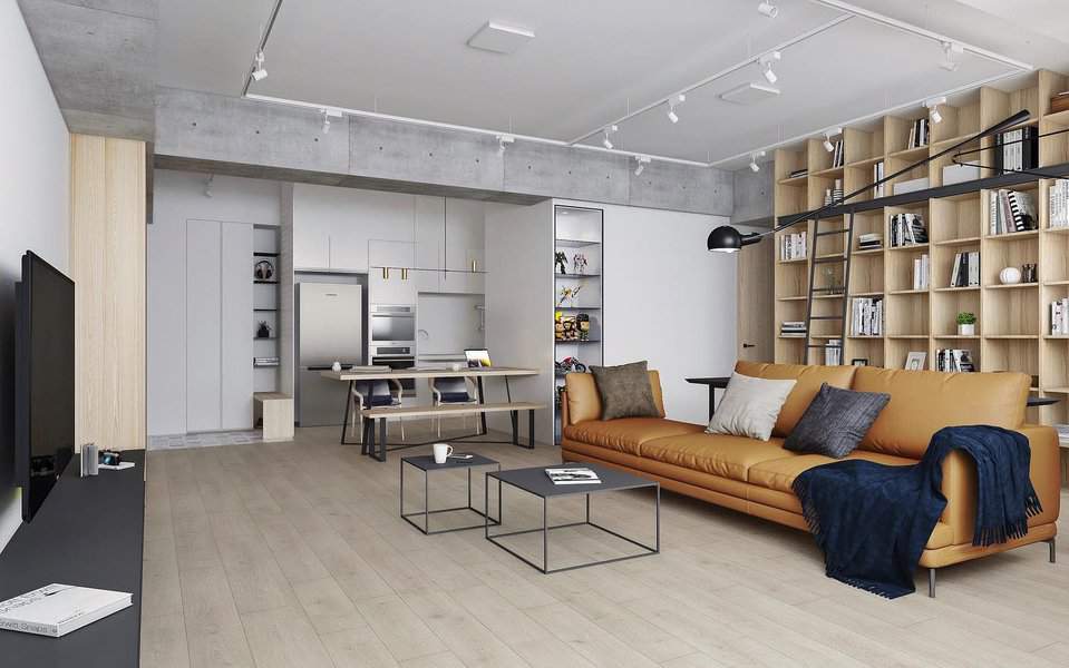 Modern living room with a brown leather sofa, wooden shelves, minimalist decor, and a kitchen area with a dining table in the background