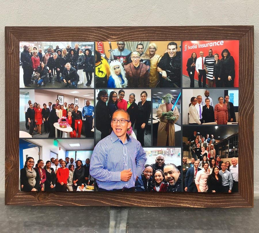 Collage of group photos showing people in various settings, smiling and posing for the camera, with a central large photo of a person speaking