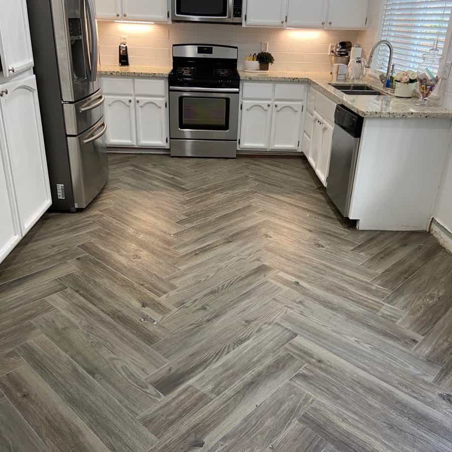 Kitchen With Grey Wood Herringbone Pattern Flooring