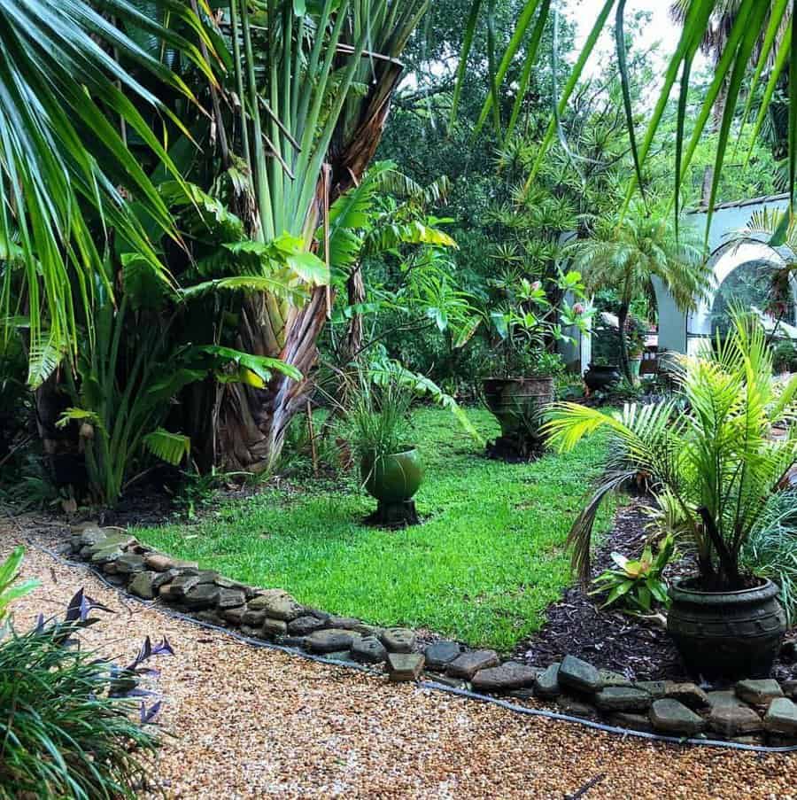 tropical garden with pebbles