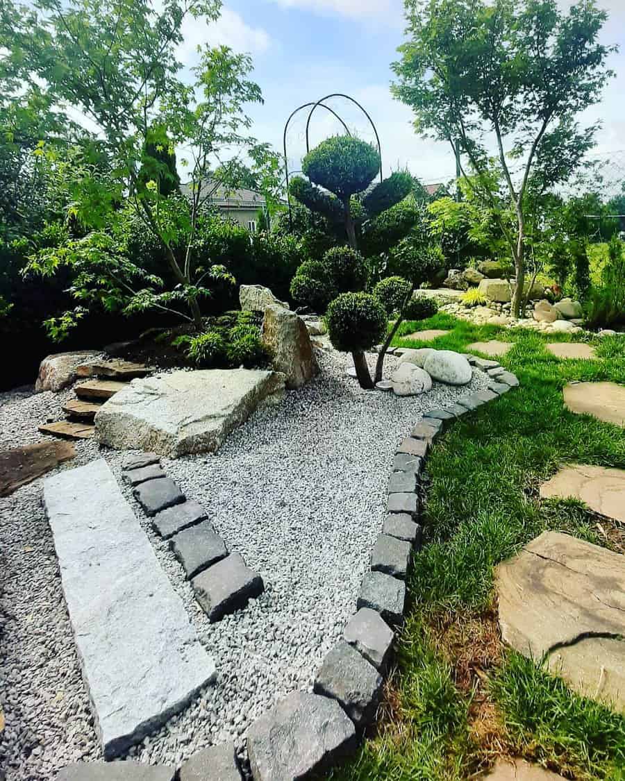 Zen garden with manicured bushes, stone path, and large rocks, surrounded by lush greenery and trees under a clear sky