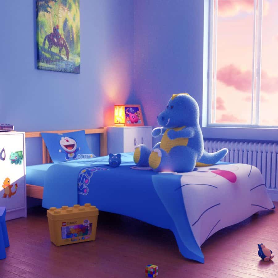 Cozy child's room with dinosaur toys on a Doraemon-themed bed, colorful decorations, and a sunset view through the window