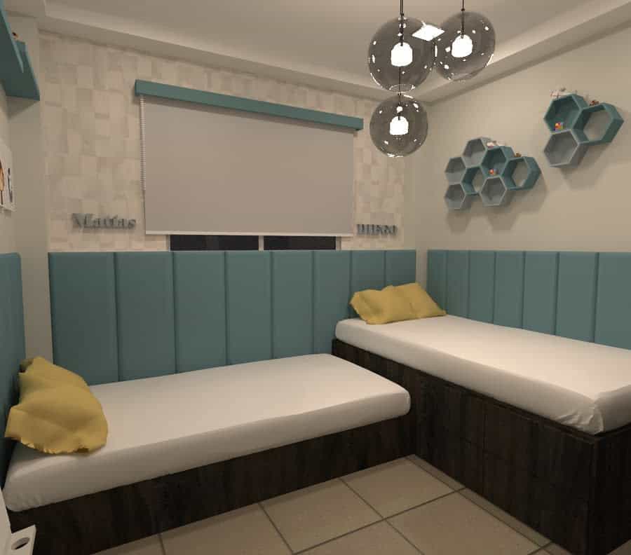 A small bedroom with two single beds, teal headboards, yellow pillows, hexagonal wall shelves, and a modern ceiling light fixture