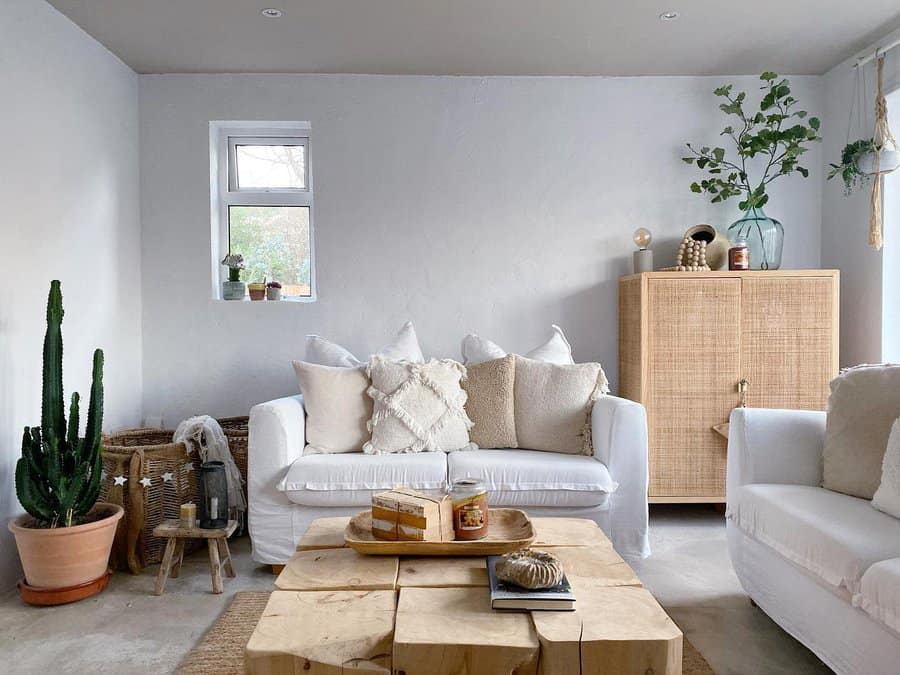 White living room with wood accent