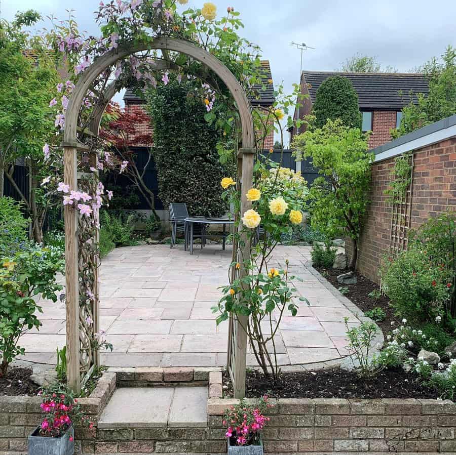 Garden patio with arbor and seating area