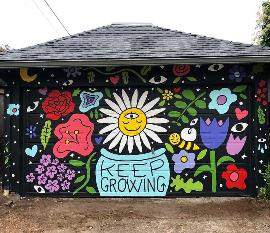 Colorful floral garage mural