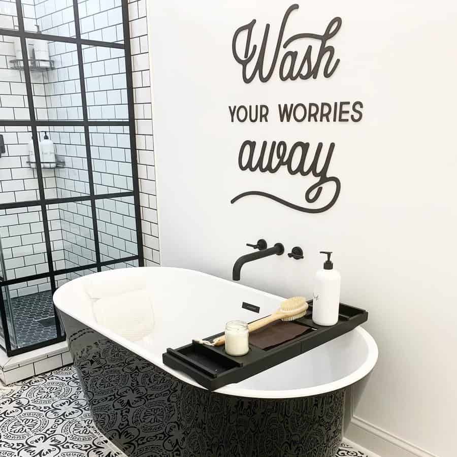 white bathroom with black fixtures