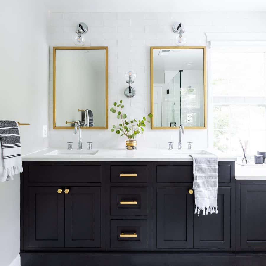 white bathroom with black vanity
