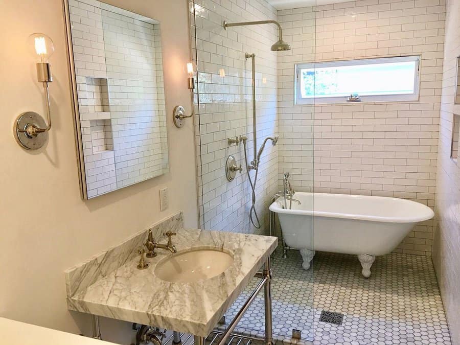 small bathroom with off-white beveled tiles