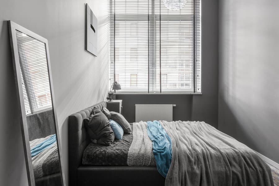 Monochrome bedroom with window blinds and mirror