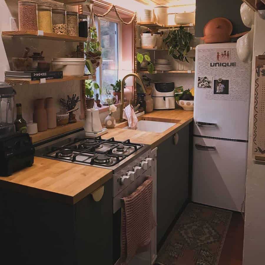 Rustic kitchen with wood countertops and open shelving