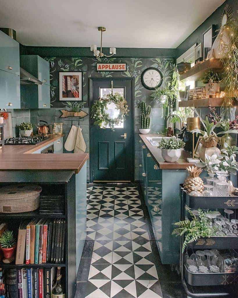 Eclectic kitchen with plants and patterned floor tiles