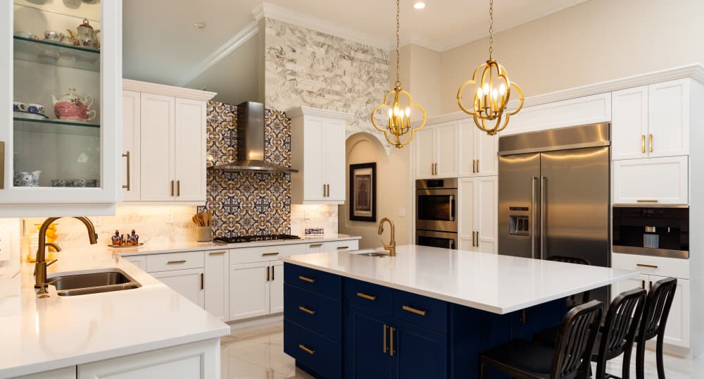 Modern kitchen with island and pendant lights