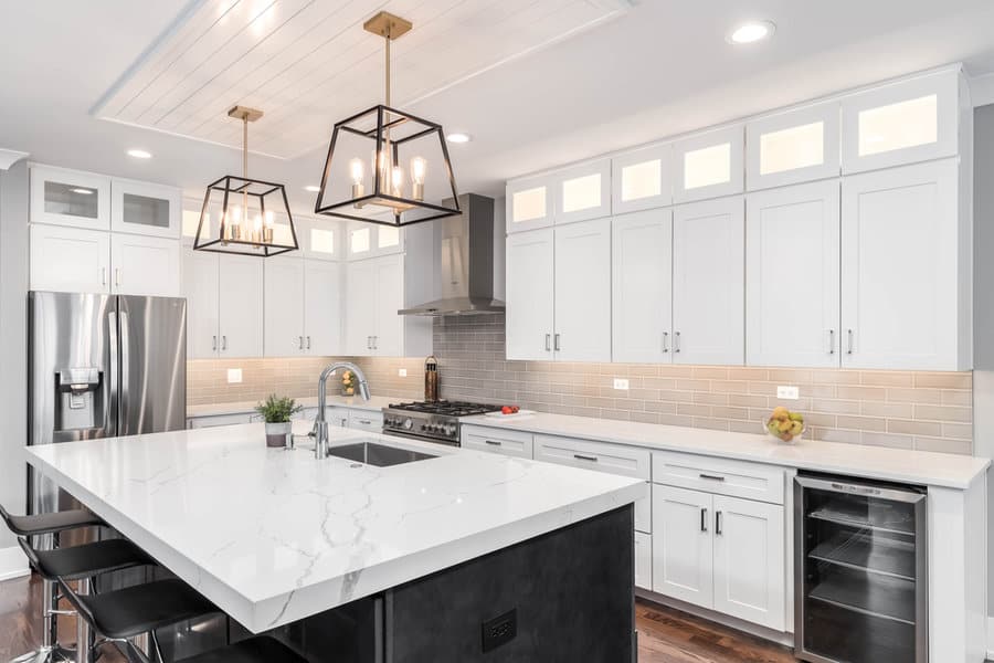 Modern kitchen with island and pendant lights