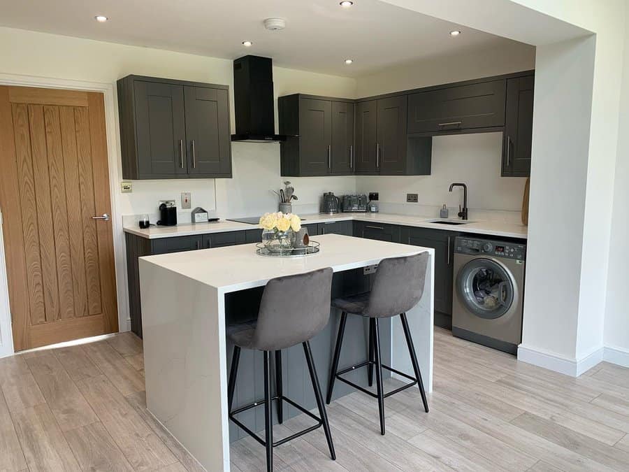 Modern kitchen with grey cabinetry and bar stools