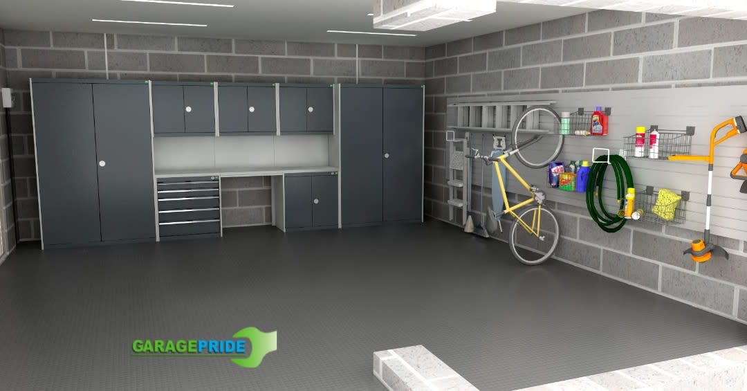 Spacious garage with storage cabinets and hanging bike