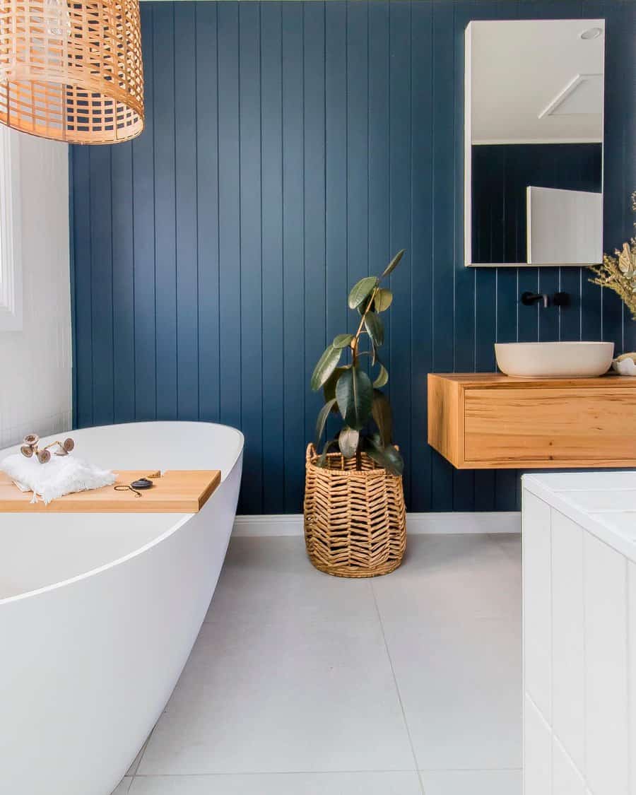 Bathroom with blue wood panel