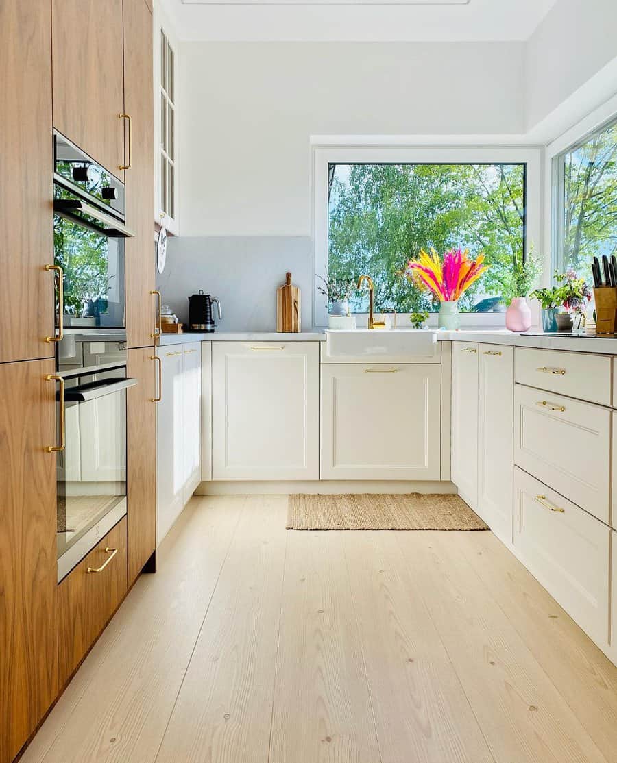 Modern kitchen with wooden details and large window