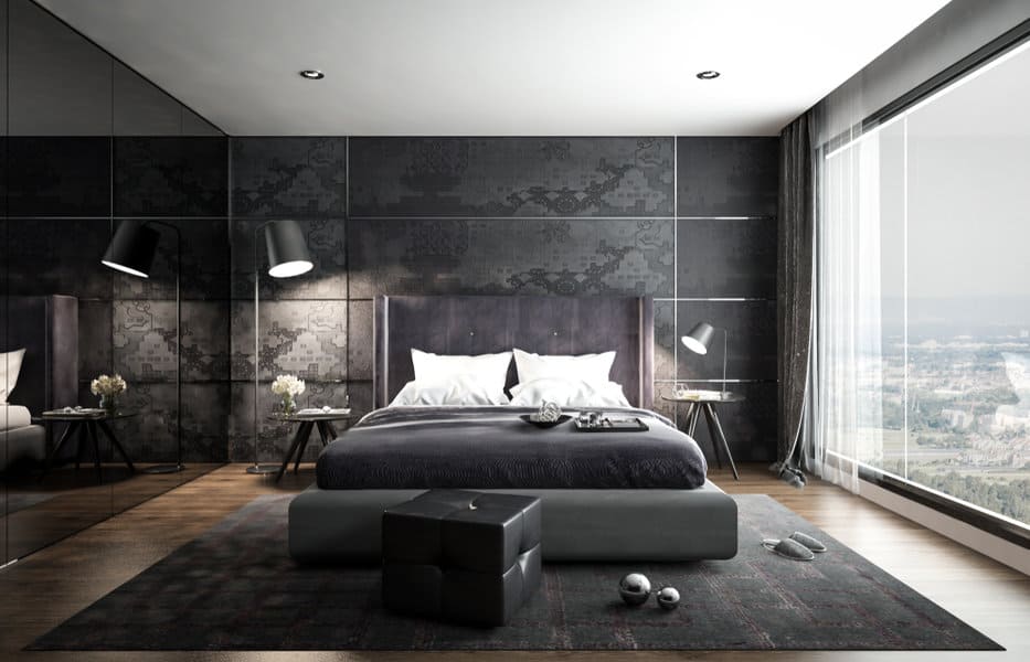 Contemporary bedroom with patterned wall tiles and panoramic view